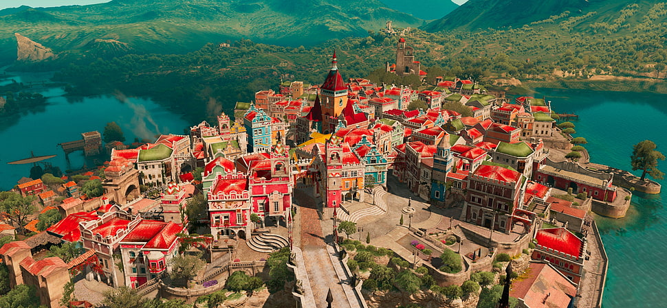 red concrete houses, video games, panorama, The Witcher 3: Wild Hunt, cityscape HD wallpaper