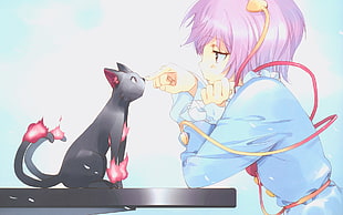 purple haired female anime character with black cat