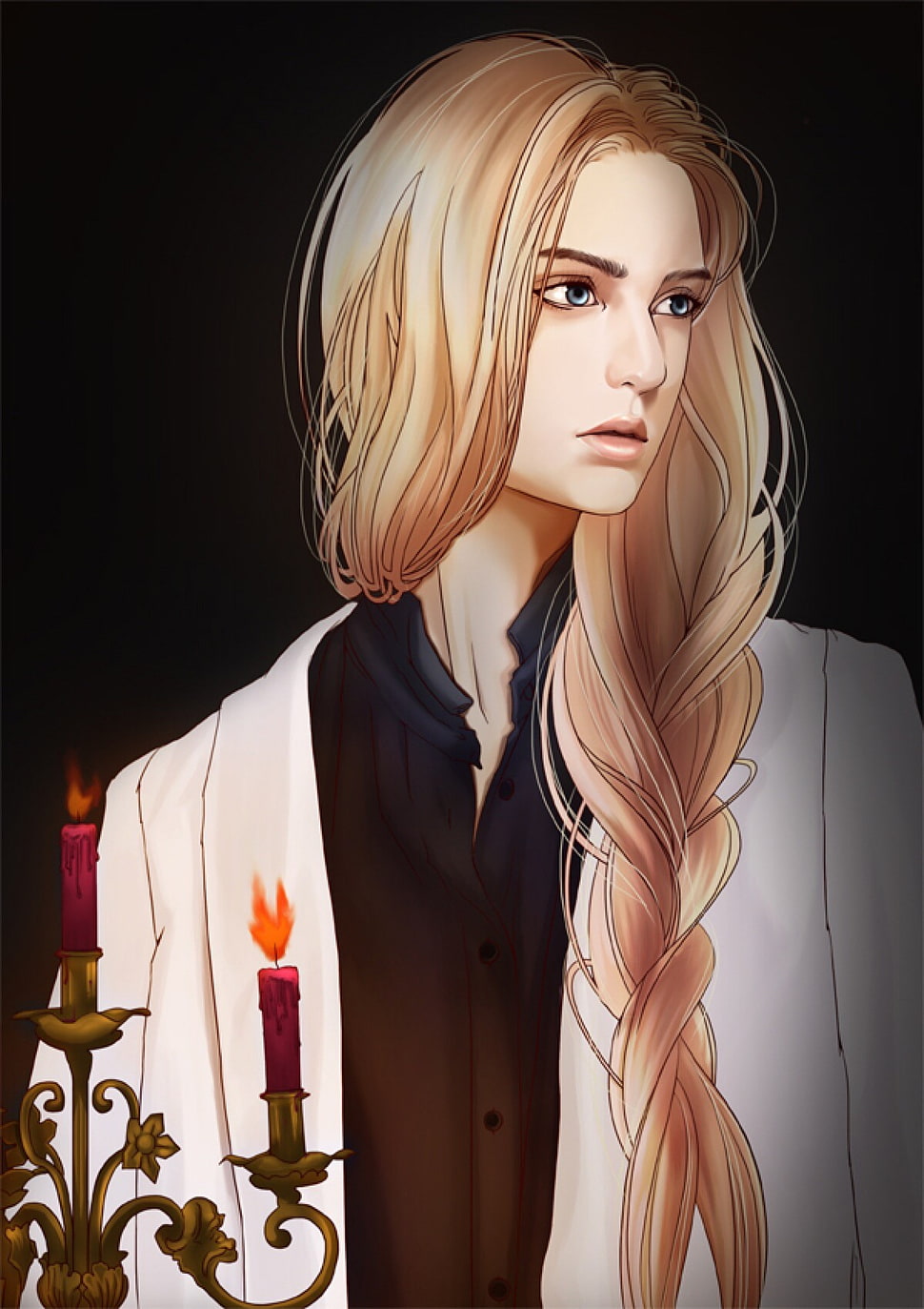 female anime character in white suit jacket, blonde, braids, blue eyes, candles HD wallpaper