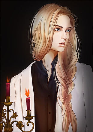 female anime character in white suit jacket, blonde, braids, blue eyes, candles