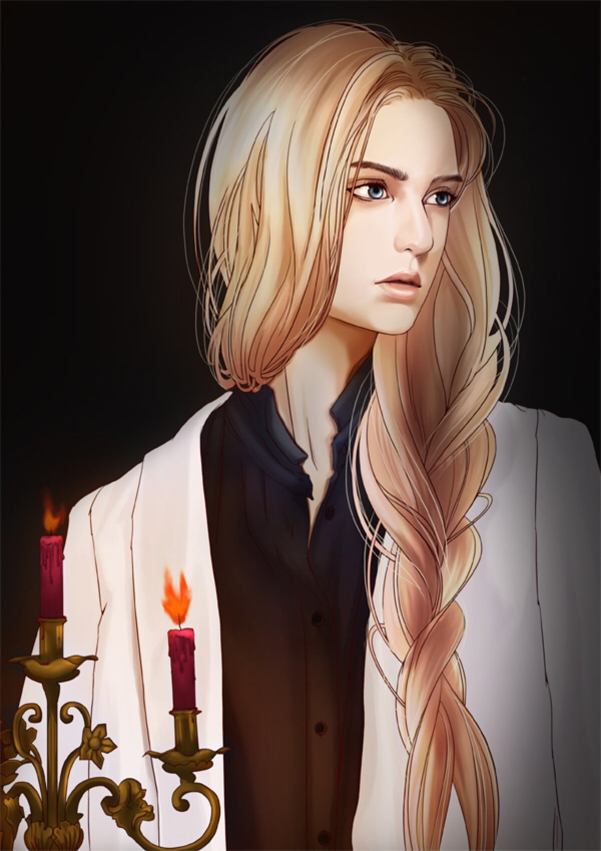 female anime character in white suit jacket, blonde, braids, blue eyes, candles