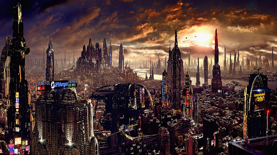 city buildings illustration, artwork, futuristic city, science fiction, digital art HD wallpaper