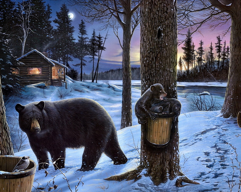 black bear on snow field painting HD wallpaper