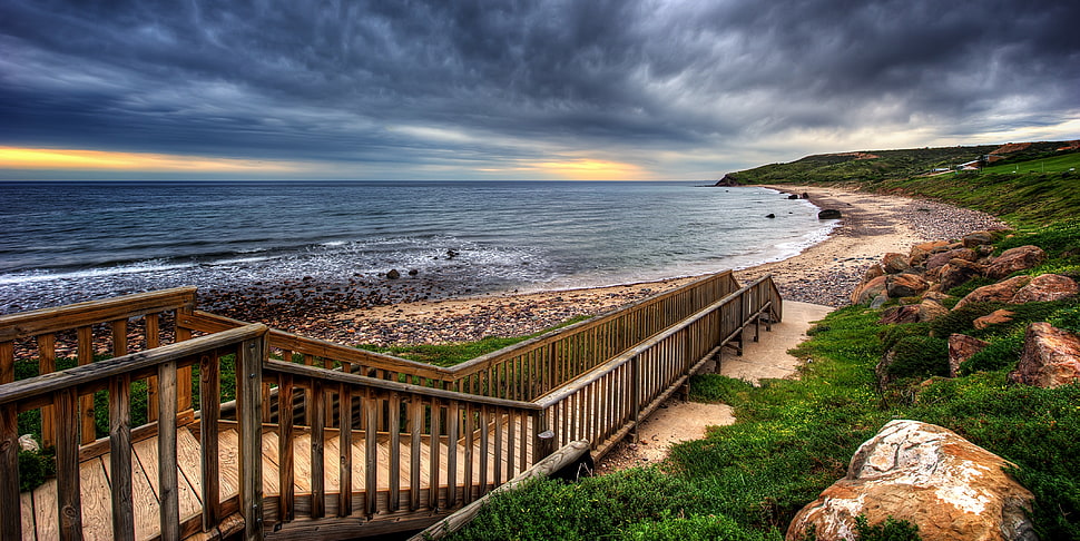 brown wooden rail, nature, HDR, coast, sea HD wallpaper