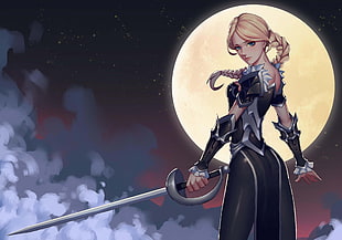 female black dress holding saber against moon wallpaper