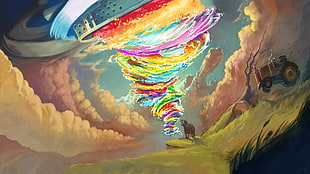 brown donkey in front of multicolored hurricane painting