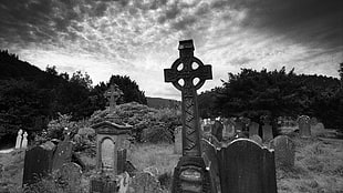 grayscale photography tombstone