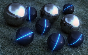 four black and blue bowling balls, abstract, 3D, sphere, glowing HD wallpaper