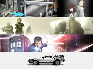 white coupe collage, Steins;Gate, Doctor Who, Back to the Future, time travel
