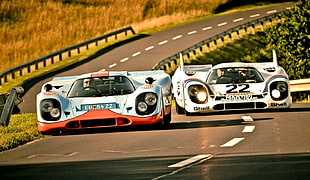 blue and white sports cars, car, road, Porsche, 917 HD wallpaper