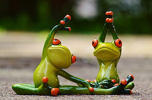 selective focus photography of two three green frogs