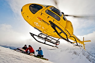 yellow and black RC toy car, aircraft, helicopters, snowboarding, snow
