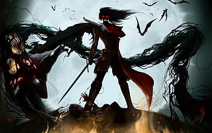 man wearing black suit and red cloak holding sword fan art, Alucard, Hellsing, vampires