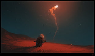 animated character staring at lights on the sky, red, sign, weapon
