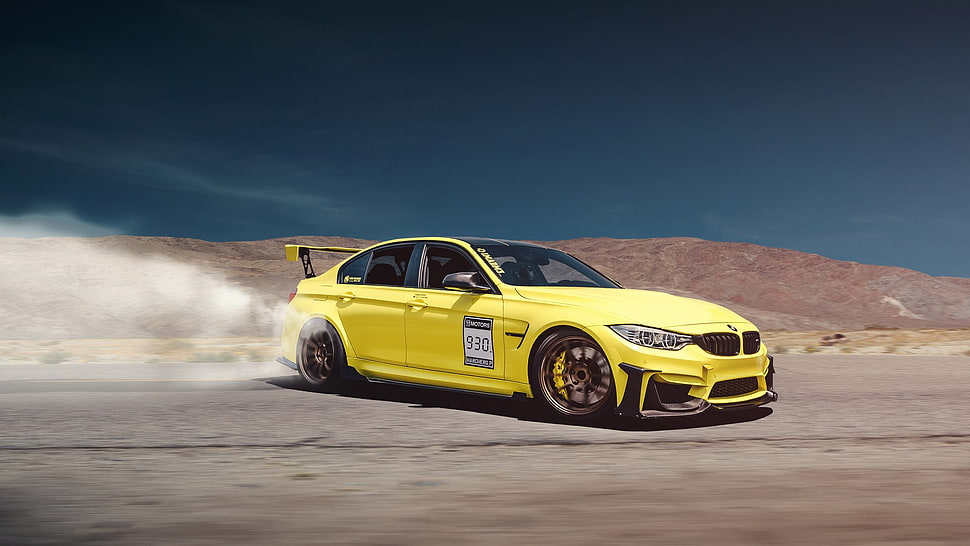yellow sedan, car, wheels, BMW, drift HD wallpaper