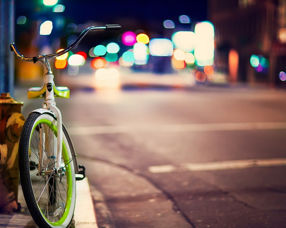 shallow photography of green and white step-through bicycle near yellow hydrant, bicycle, urban, vehicle, bokeh HD wallpaper