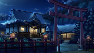 white wooden house near red arch wallpaper, anime, torii, artwork, house