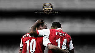 men's red and white crew-neck shirt, Arsenal Fc, London, Thierry Henry, Dennis Bergkamp