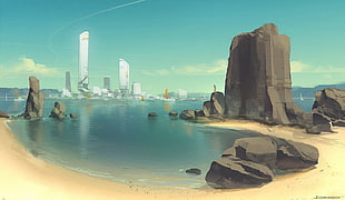 sea with rocks afar view of buildings arwork, artwork, science fiction