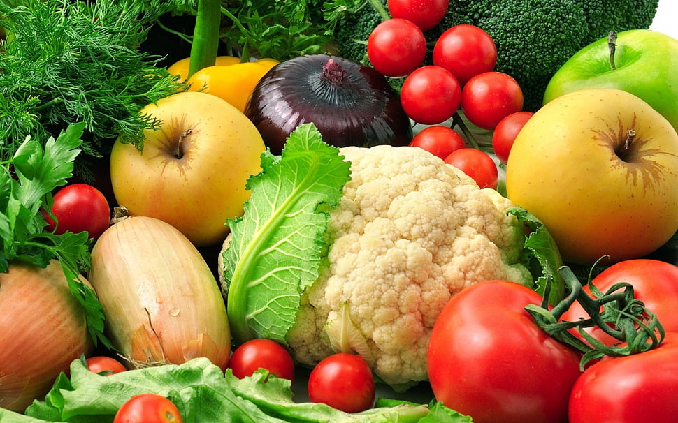 cauliflower, tomatoes, and assorted vegetables HD wallpaper