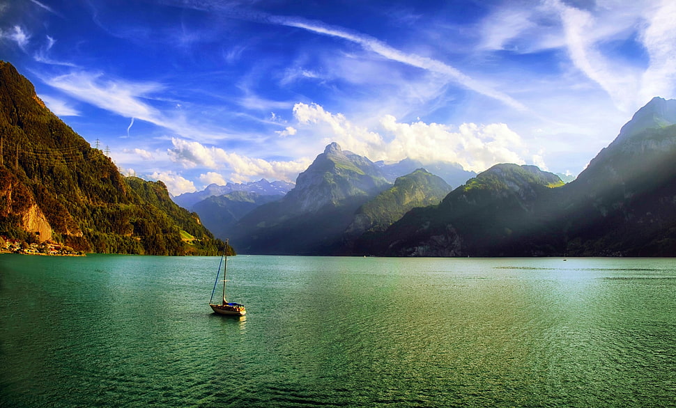 brown sailboat, nature, landscape, mountains, lake HD wallpaper