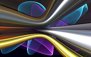 digital wallpaper of teal, purple, yellow, and gray curves