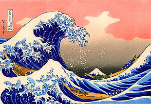 oriental waves painting, painting, The Great Wave off Kanagawa, classic art, waves