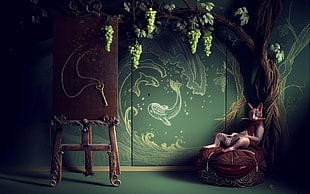 green and brown wooden table decor, digital art, trees, grapes, animals HD wallpaper