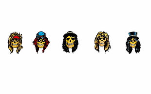 five skulls with wigs illustration, music, Guns N' Roses