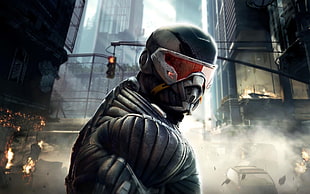 man in black suit with red goggles game character