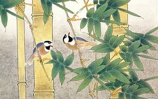 green bamboo tree and two birds painting, birds, bamboo, nature
