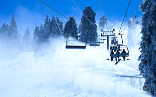 black cable car, winter, snow, snowboards