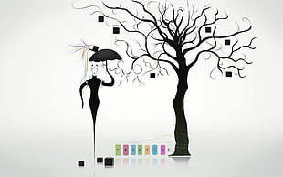bare tree and person holding umbrella illustration