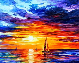 painting of multicolored sailboat on body of water during sunset, Leonid Afremov, painting, colorful, boat