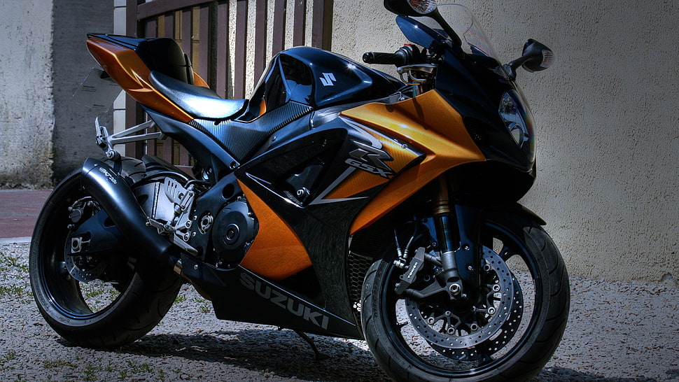 Black and orange Suzuki sports bike, motorcycle HD wallpaper