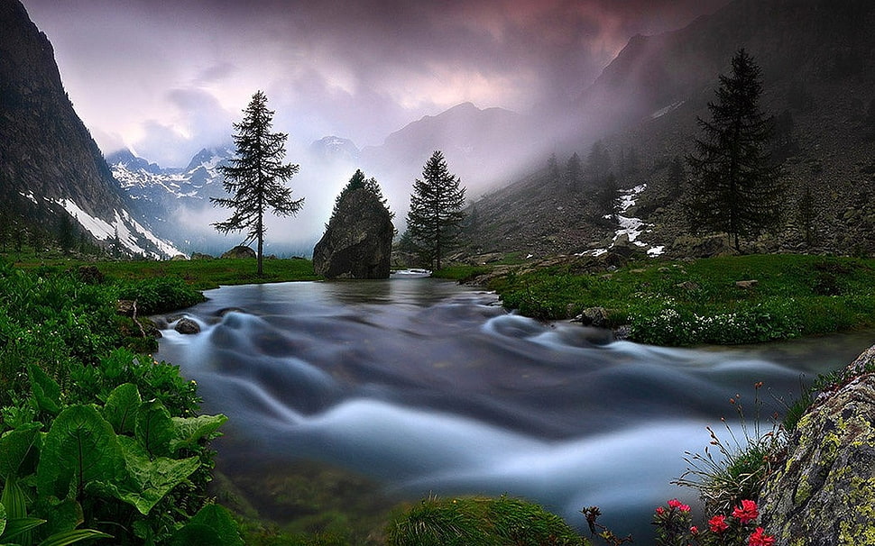 waterfalls illustration, nature, landscape, river, mountains HD wallpaper