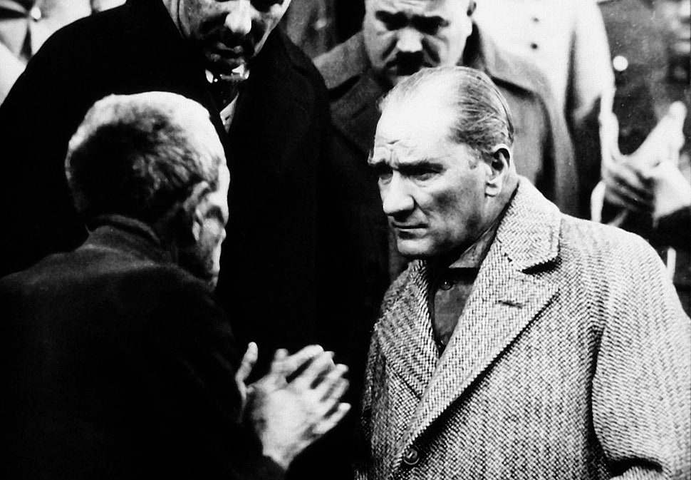 men's gray herringbone coat, Mustafa Kemal Atatürk, monochrome HD wallpaper
