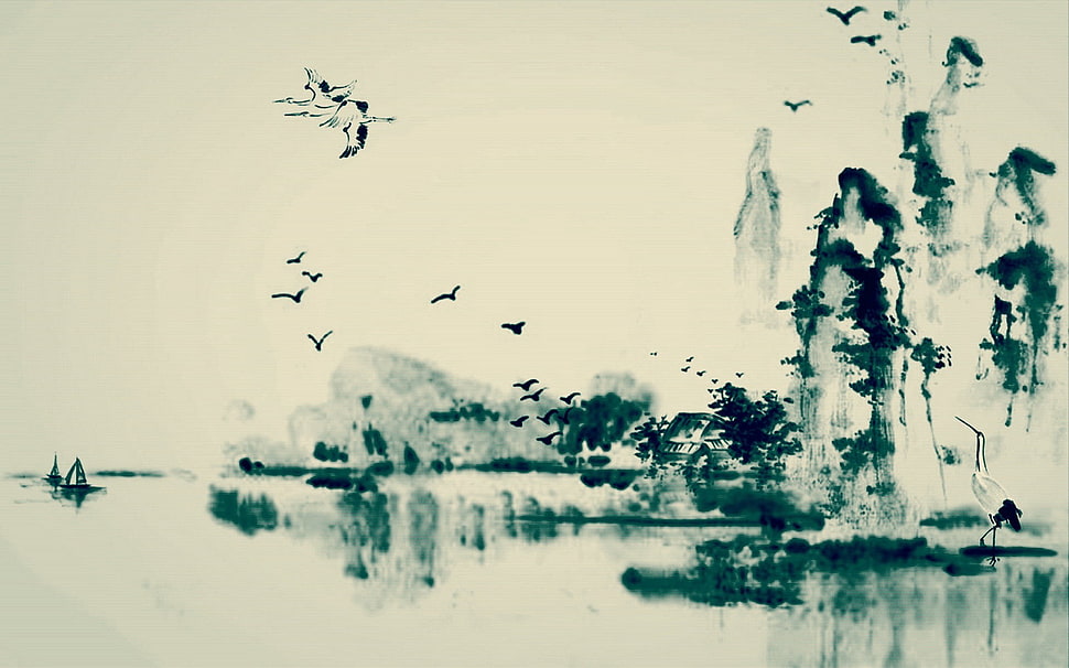 birds flying over water painting HD wallpaper