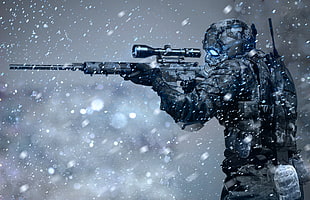 man holding sniper rifle illustration HD wallpaper