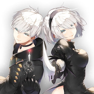 two female anime characters, white background, black dress, NieR, Nier: Automata
