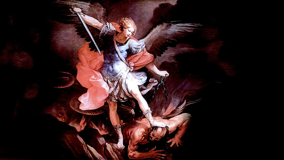 angel vs devil illustration, angel, religion, fantasy art, Michael HD wallpaper
