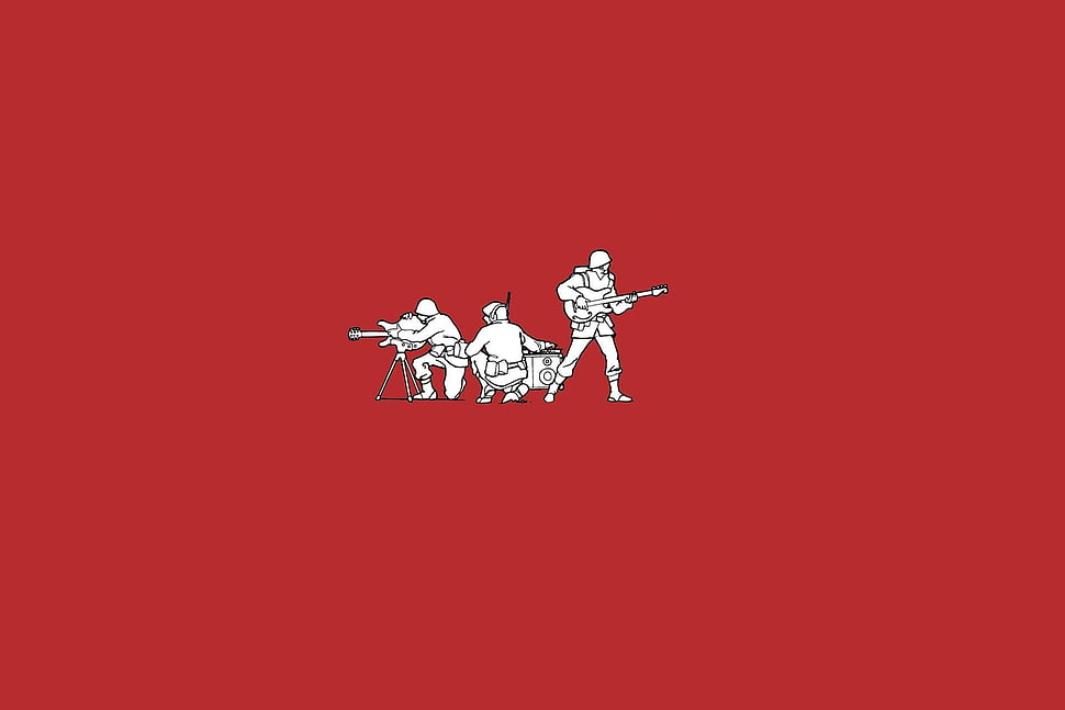 three soldiers illustration, threadless, simple, minimalism, red background HD wallpaper