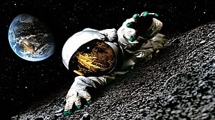crawling astronaut and earth planet HD wallpaper