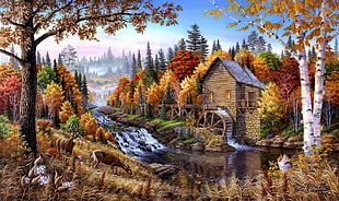 two brown deer near tree illustration, artwork, watermills