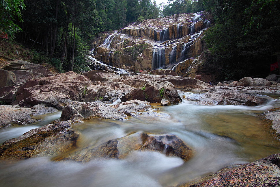 landscape, water, rocks, forest HD wallpaper