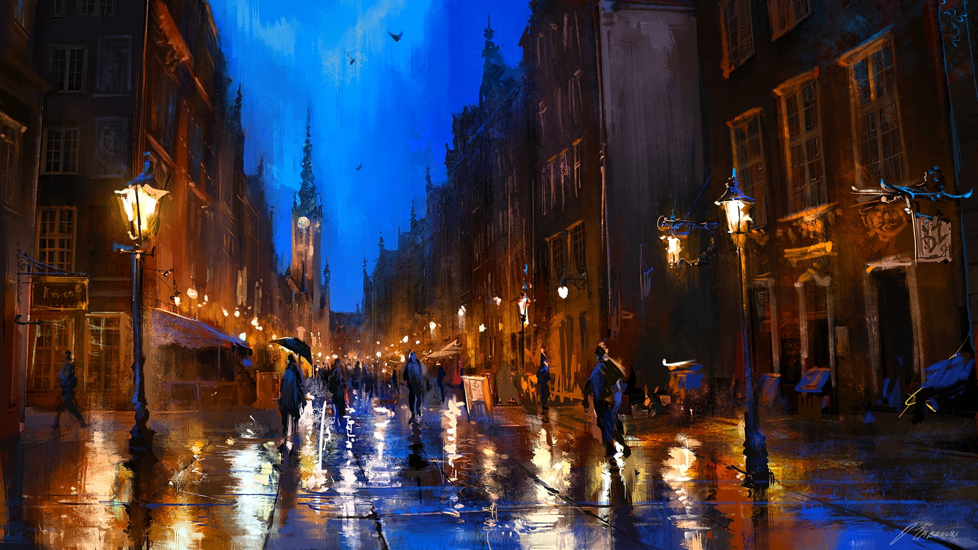 two black paintings, watercolor, London, night, rain