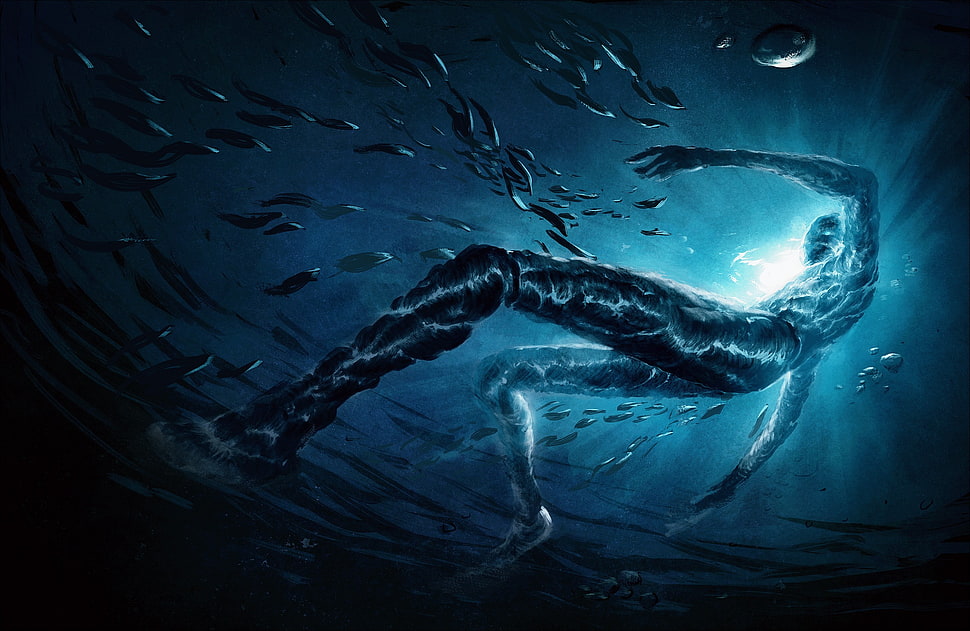 gray fish, water, men, underwater, fantasy art HD wallpaper