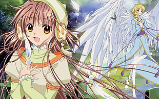 pink and yellow haired anime characters with wings HD wallpaper