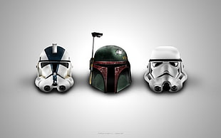three Darth Vaders and Storm Trooper helmets HD wallpaper
