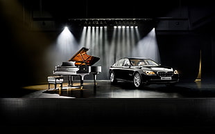 black BMW sedan and grand piano wallpaper, BMW, car, piano, stages